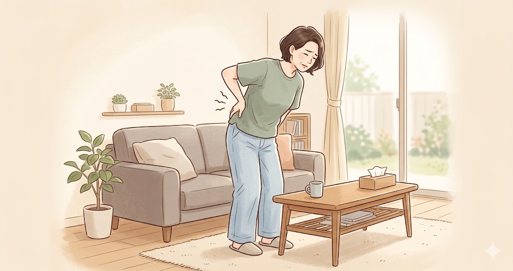 腰痛に悩む女性の様子