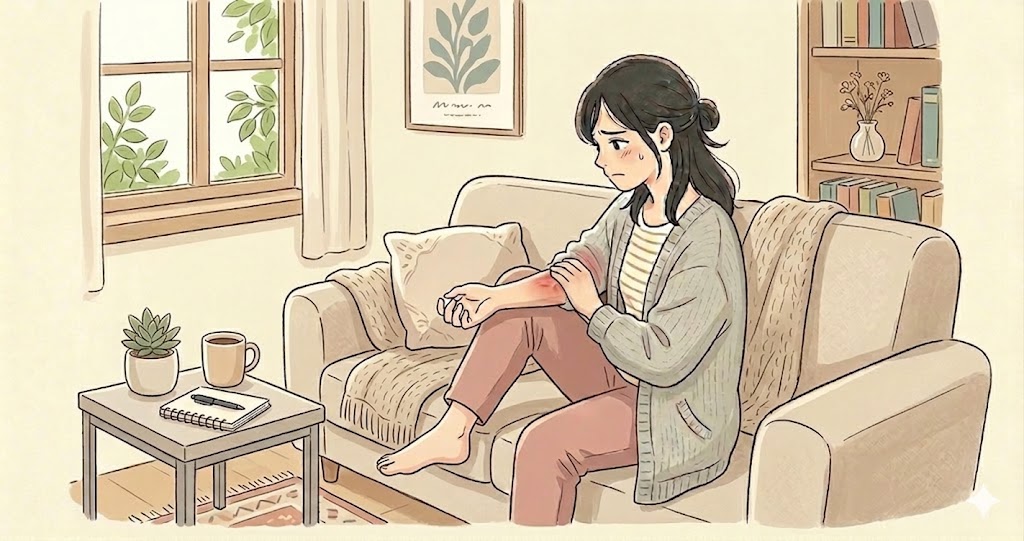 腕が痛くて悩んでいる様子の女性