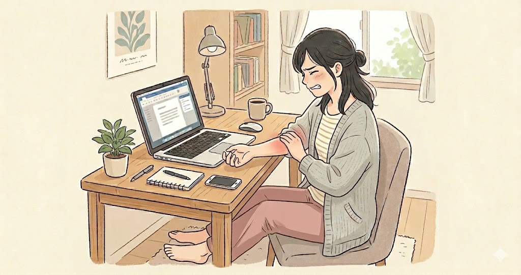 パソコン作業していて腕が痛い様子