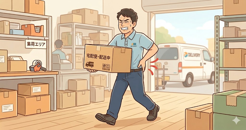 荷物の積み下ろし作業と腰痛の関係を示すイメージ