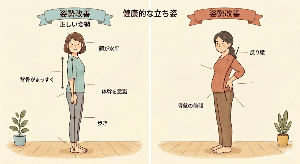 腰を反らせた立ち方と骨盤が安定した立ち方の比較図