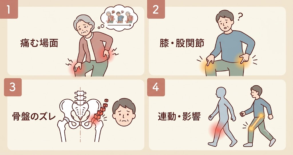 骨盤の傾きと膝・腰の関連を確認する様子