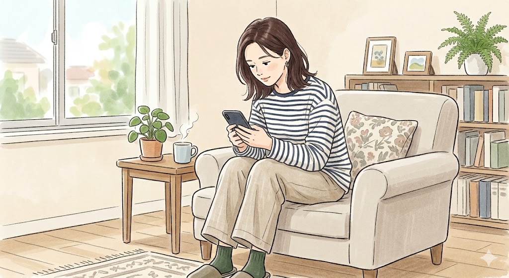 下を向いてスマホを見ている女性の様子