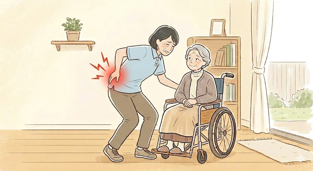 介護で腰が痛い様子の女性