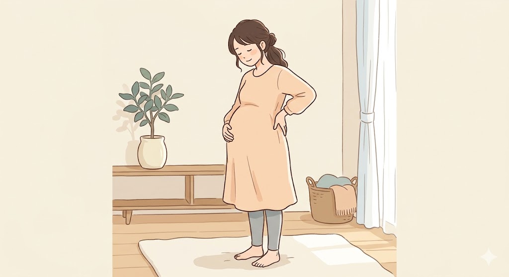 妊婦の女性が腰痛チェックしている様子