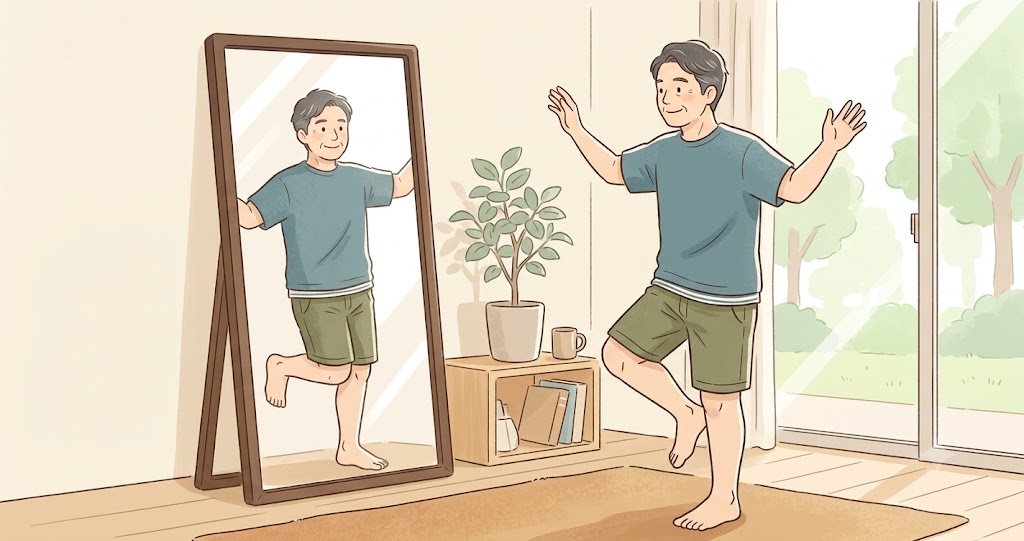 片足立ちで膝が内側に入るセルフチェックの様子