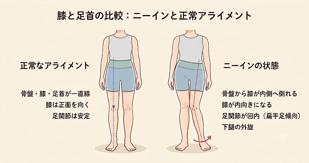 足首が内側にずれて膝がニーインしている状態のイラスト