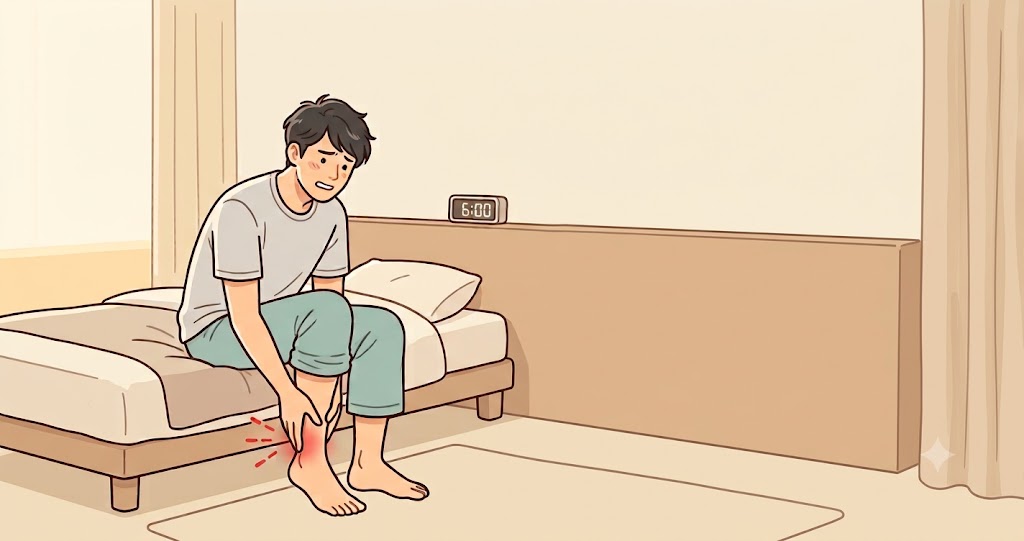 朝起きてアキレス腱が痛い様子の男性