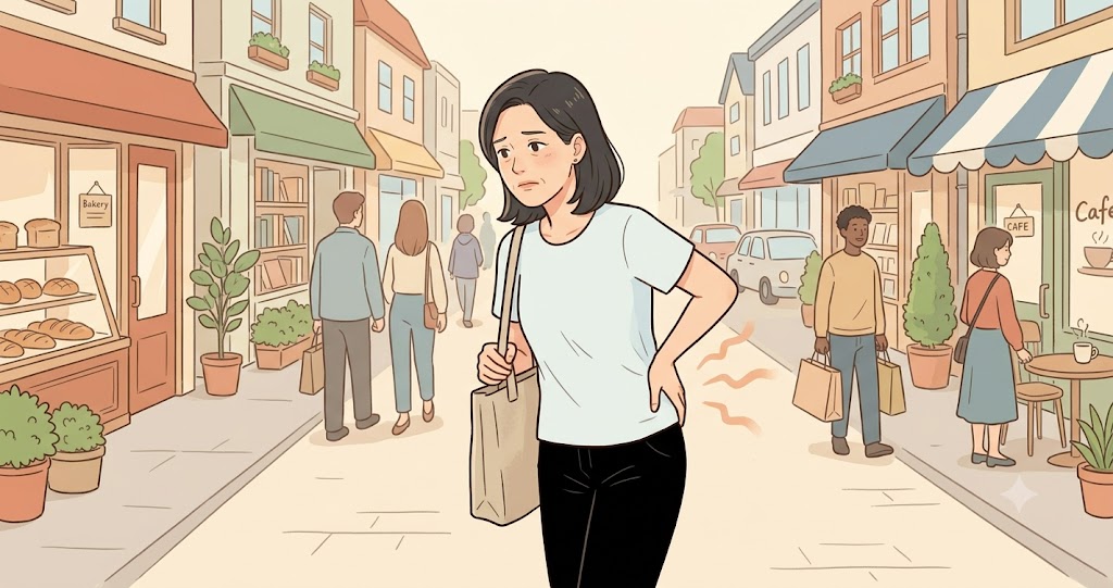外を歩いていて腰が重い様子の女性