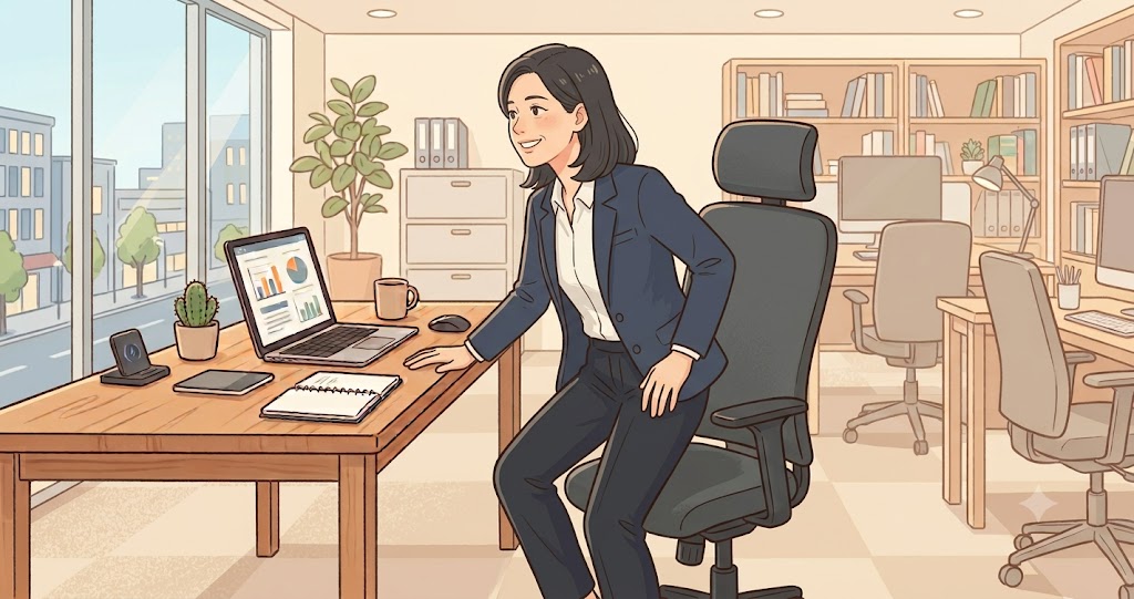 片手を机について立ち上がる様子