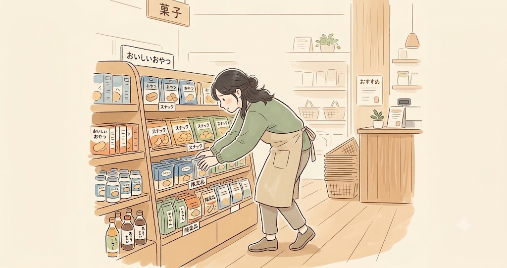 品出し作業で棚の物に手を伸ばす女性