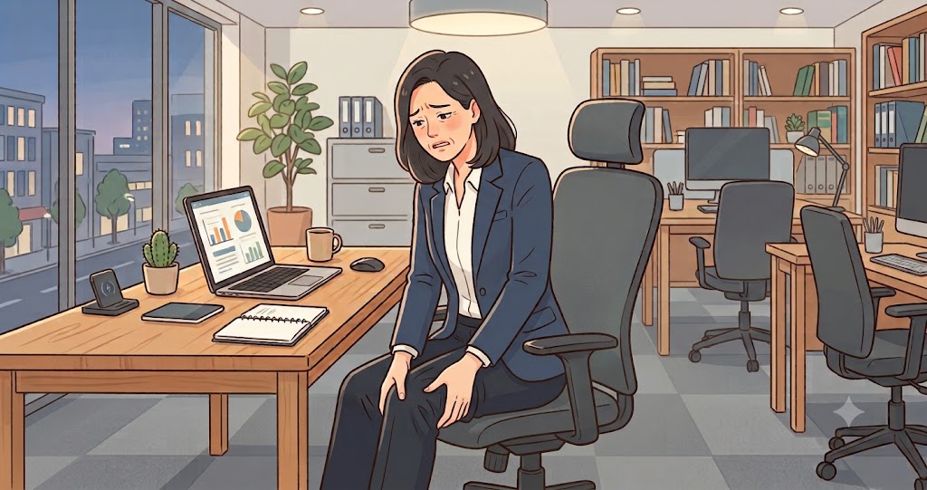 デスクワークで足のむくみを感じる女性