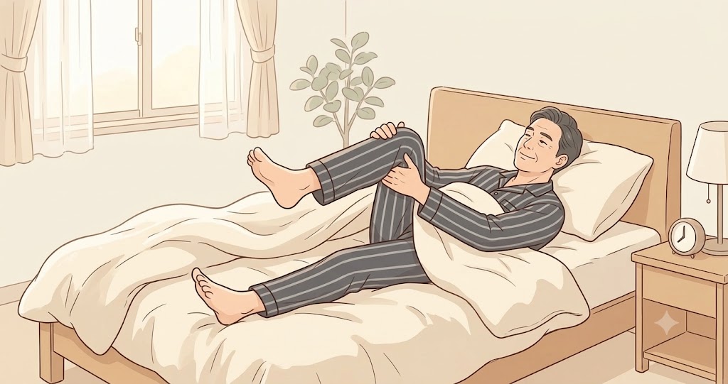 布団の中でストレッチする男性
