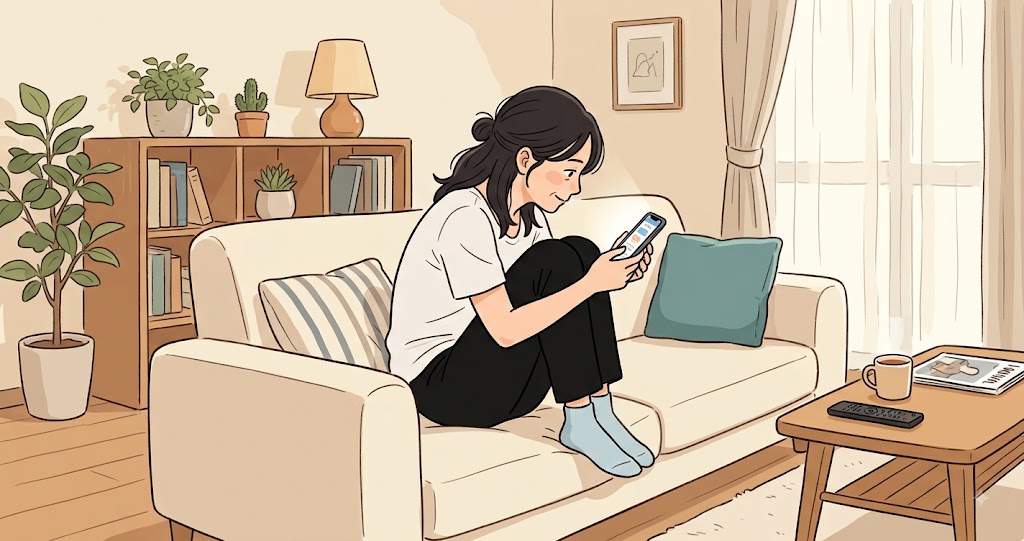 猫背になりやすい姿勢でスマホを見る女性