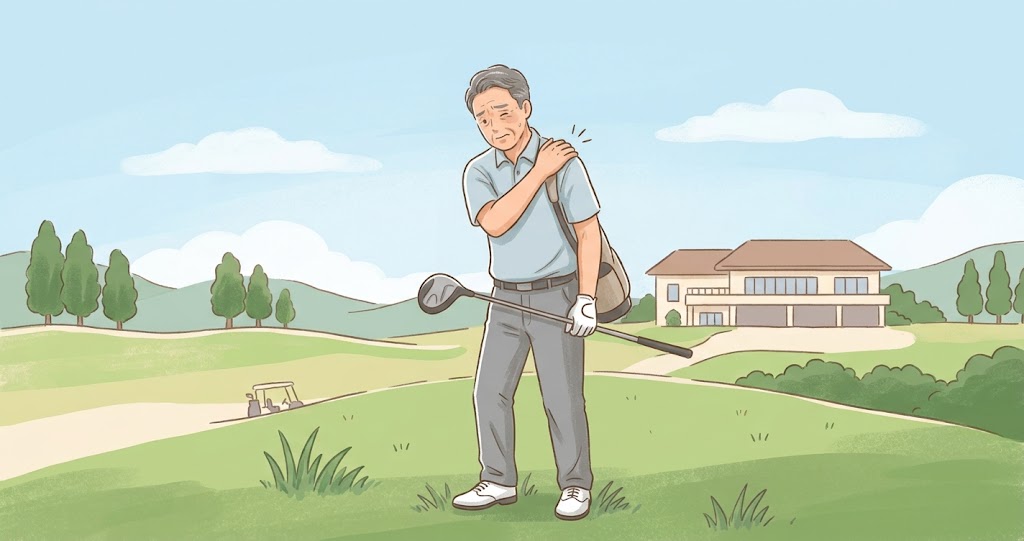 ゴルフ後に肩が痛い男性の様子