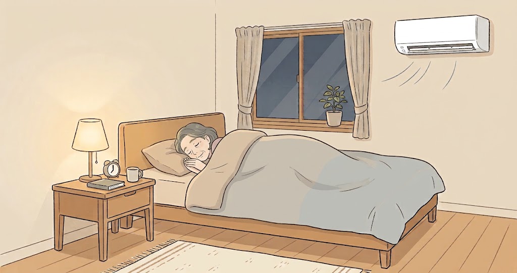 エアコンの効いた寒い部屋で寝ている女性の様子