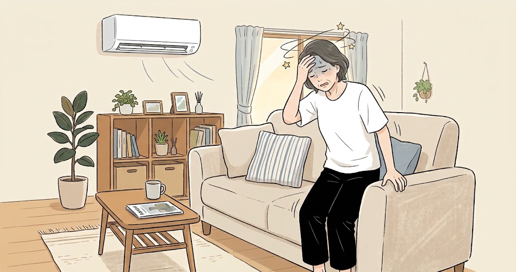 椅子から立ち上がる際にめまいがしている女性の様子