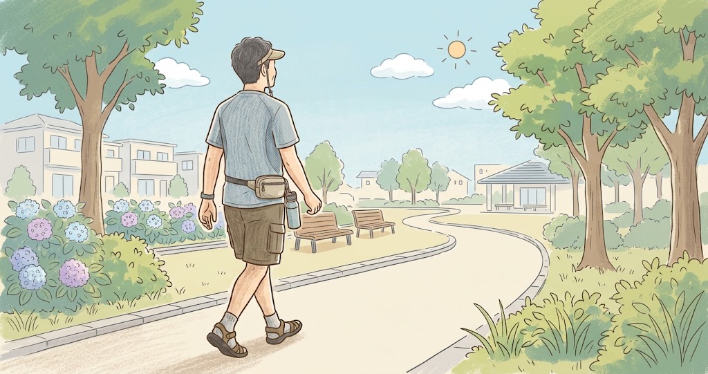夏にウォーキングをする人の後ろ姿