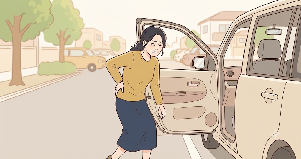 車から降りた時に腰が痛い様子の女性