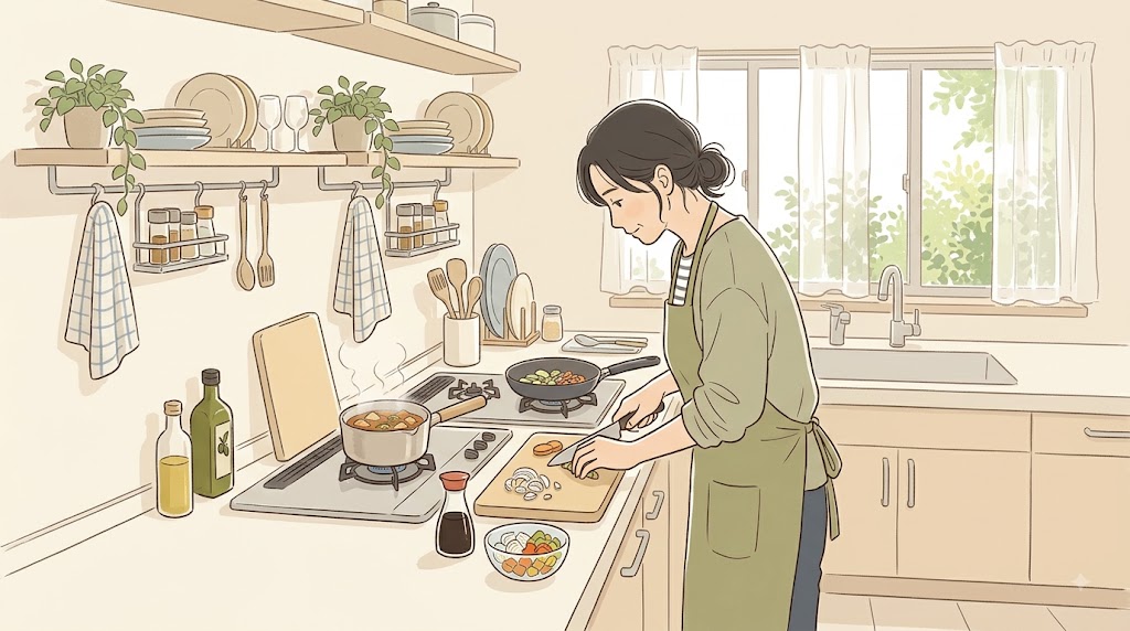 家事の動作で背中が丸まる女性