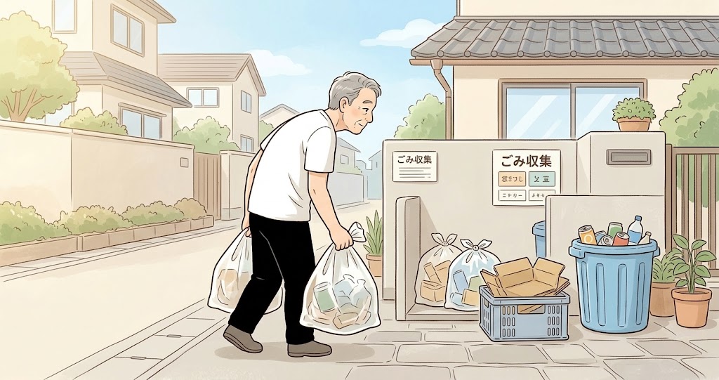 腰を丸めてゴミ出しをする男性の様子