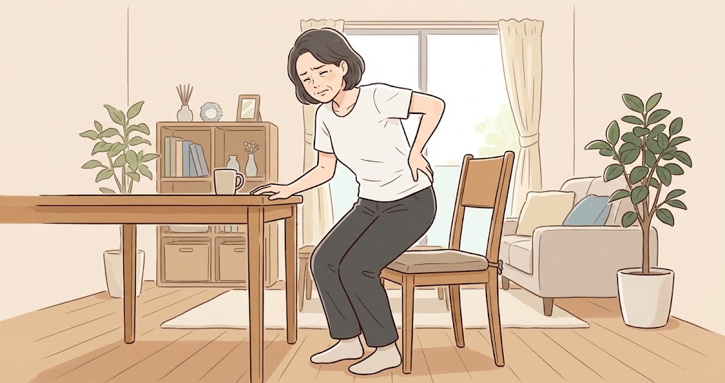 反り腰で椅子から立ち上がった時に腰が痛い女子の様子