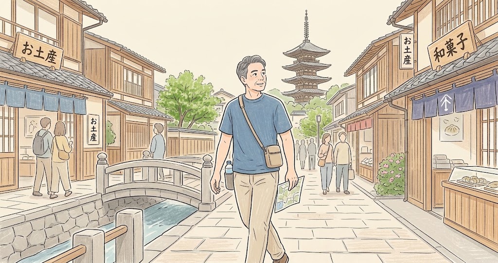 観光地を歩いている男性の様子