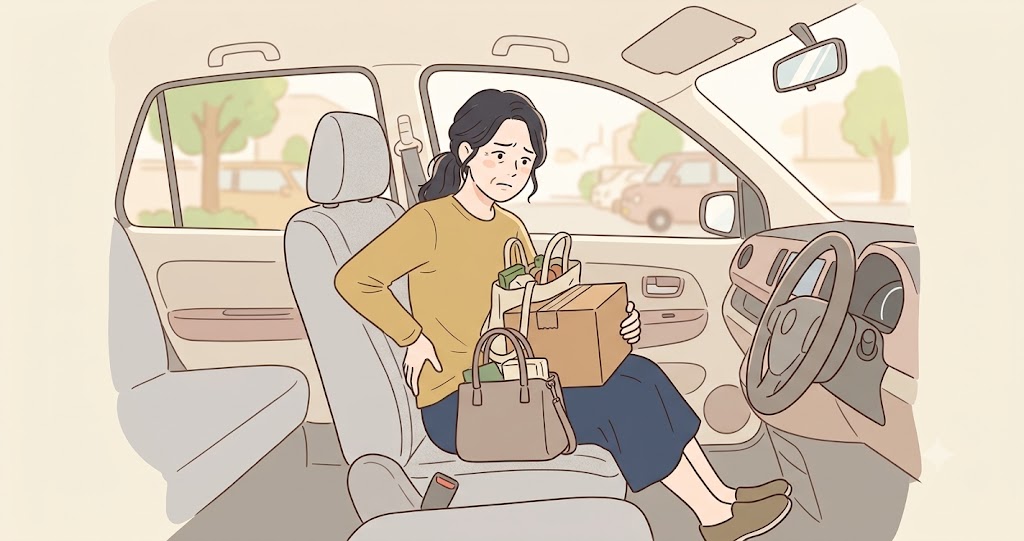 車の助手席に荷物を抱えて乗る女性が腰痛の様子