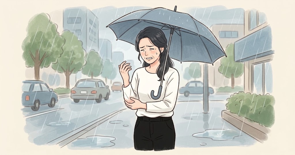 雨の日に肘が痺れている女性の様子
