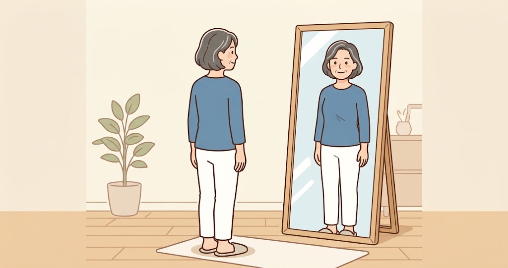 鏡の前で骨盤の歪みを確認する女性