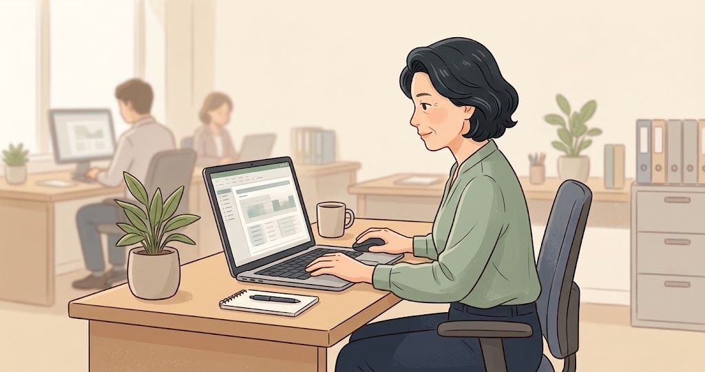 デスクワークでマウスを使っている女性の様子