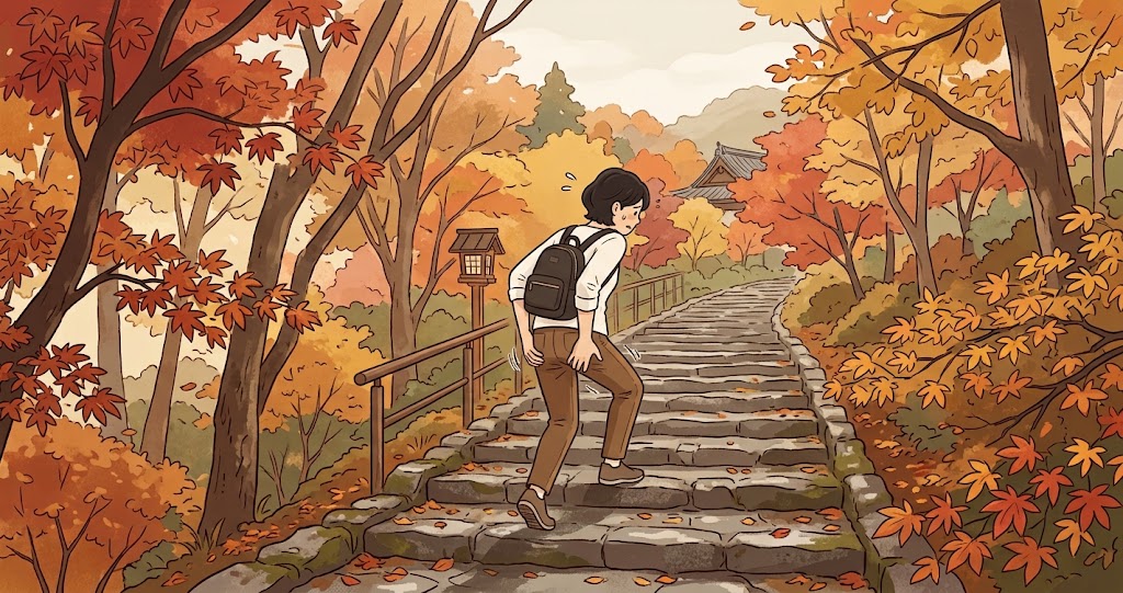 紅葉の季節に石段を上り、太ももの裏が張りやすい場面