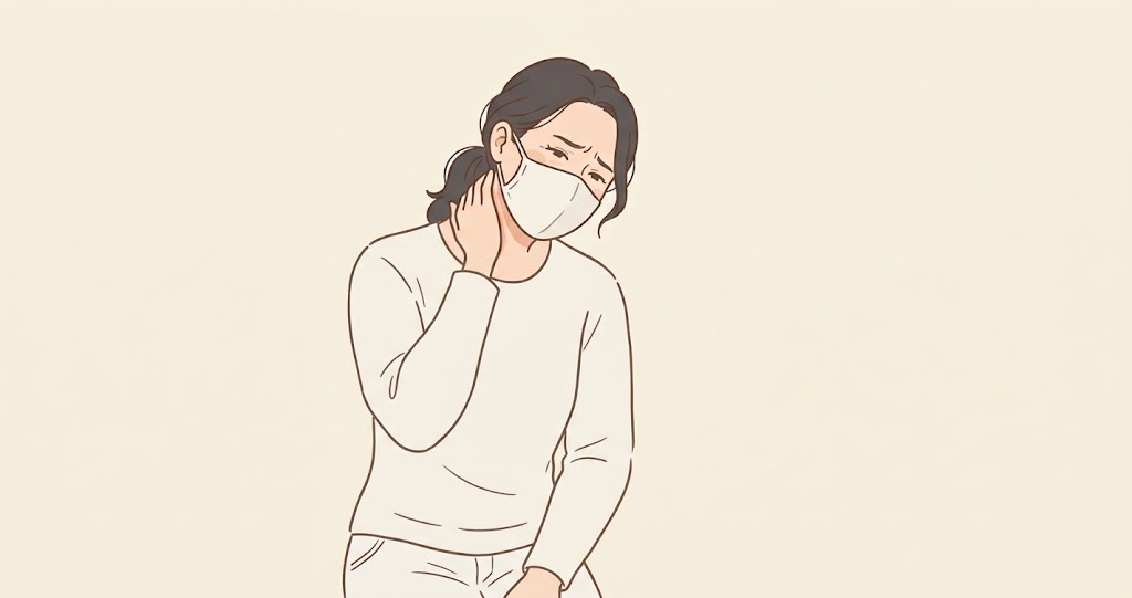 花粉症で首が痛い様子の女性