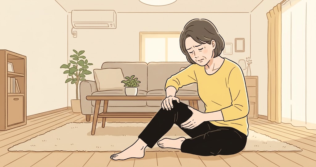太ももが痛くて揉んでいる女性の様子