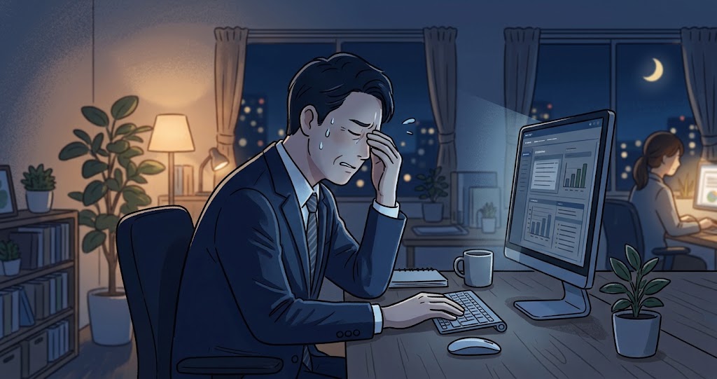 夜のパソコン作業中に目の奥の重さや痛みに悩む男性の様子